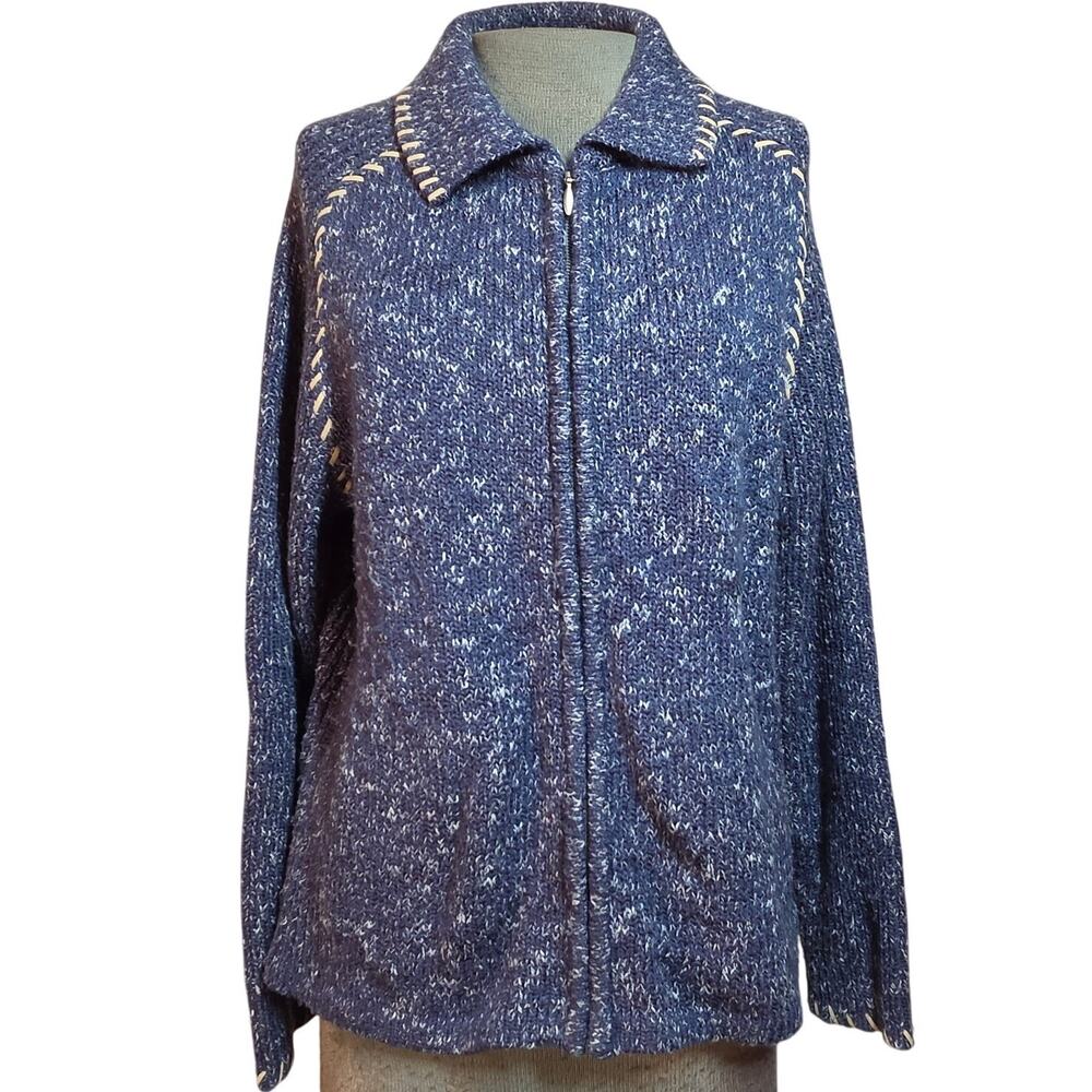 Blue Hand Embroidered Wool Blend Full Zip Sweater Size Large